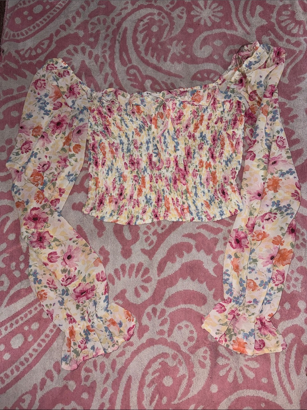 privy Floral Smocked Off-Shoulder Crop Top - Pink Multi